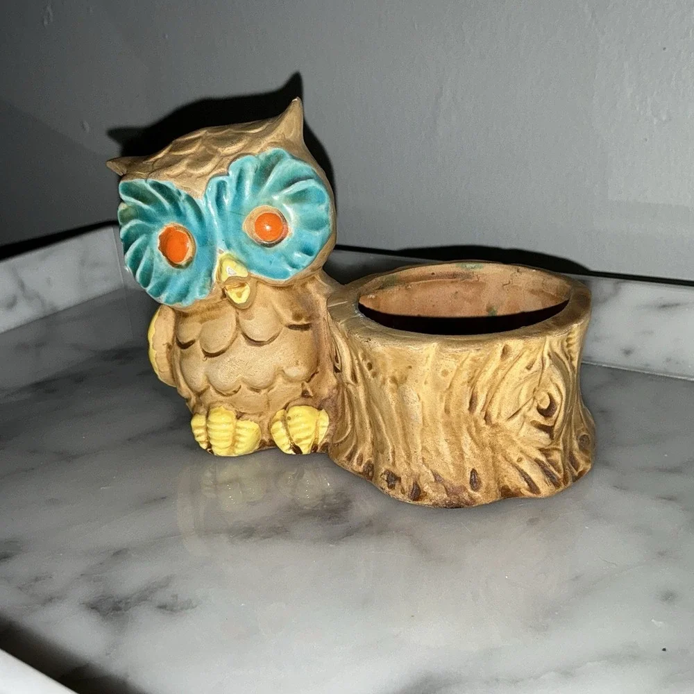 Vintage 70s Owl Stump Candle Votive Toothpick Holder Mid Century Mcm Planter
